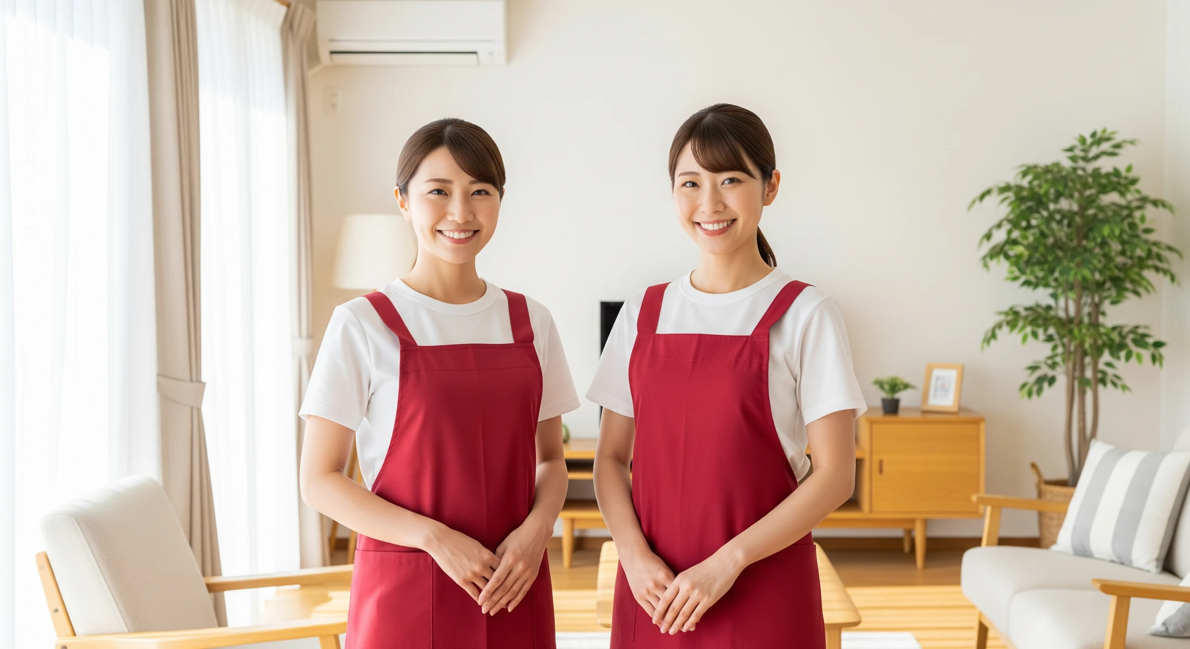 赤いエプロンで笑顔の家事代行スタッフ